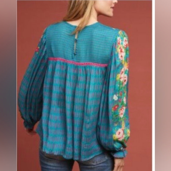 Bl^nk London Anthropologie Miranda Teal Blue Floral Peasant Top Blouse. … - Picture 4 of 11